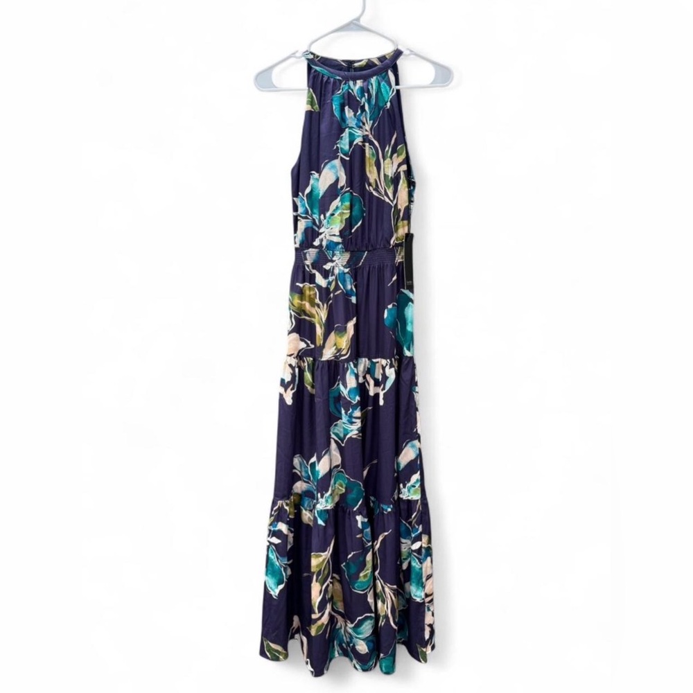 NWT Nicole Miller New York Navy Floral Tiered Maxi Dress Size S